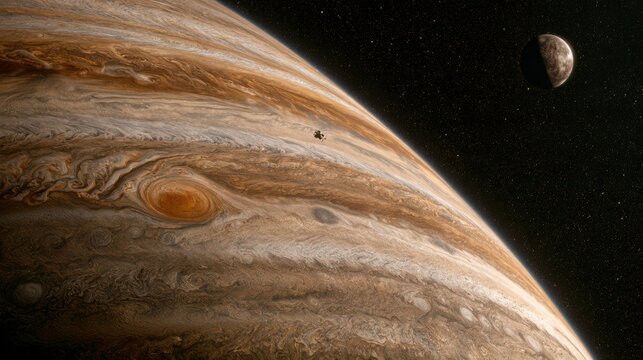 A spacecraft nears Jupiter with Ganymede in the background, part of a mission to explore the outer solar system and its gas giant.