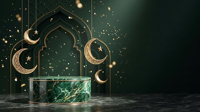 Eid Mubarak background with marble podium and crescent moons