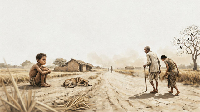 Rural sketch illustration of impoverished villagers and child on dry landscape