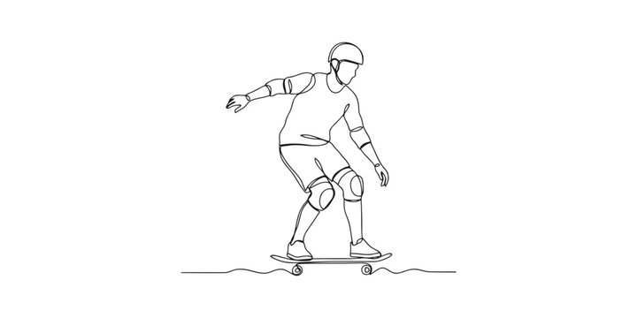 Continuous line drawing of a young man riding a skateboard wearing protective gear and a helmet