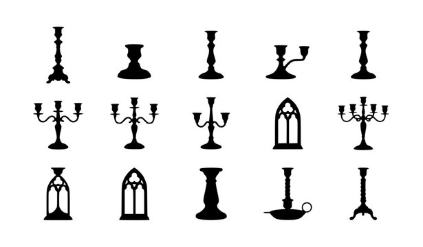 Black candlestick silhouettes collection with classic candle holders and candelabra vector icons