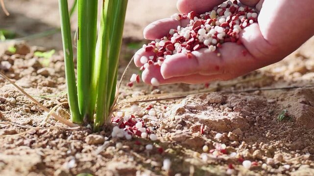 Slow motion close up farmer hand applying mixed chemical fertilizer to young green plant in the field