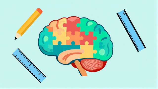 Colorful brain puzzle surrounded by pencils and rulers, symbolizing learning and creativity.