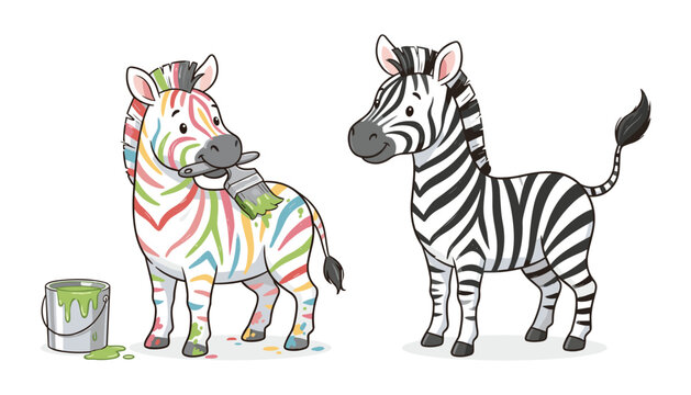 Two cute friendly cartoon zebras with one painting colorful stripes on itself using paint brush vector illustration graphic asset