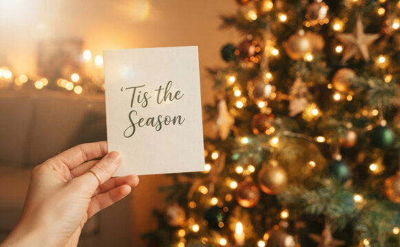 Woman holding Tis the Season greeting card in front of a glowing Christmas tree for holiday celebrations and festive winter messages