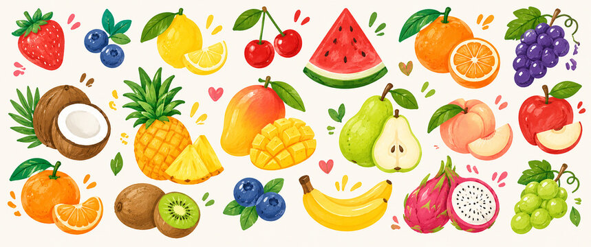 This series of fruit images, featuring warm tones, offers charming illustrations created in a minimalist style.
