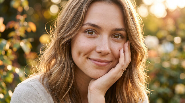 Close up portrait of beautiful smiling woman in sunlit nature perfect for mental wellness articles natural beauty blogs and peaceful lifestyle