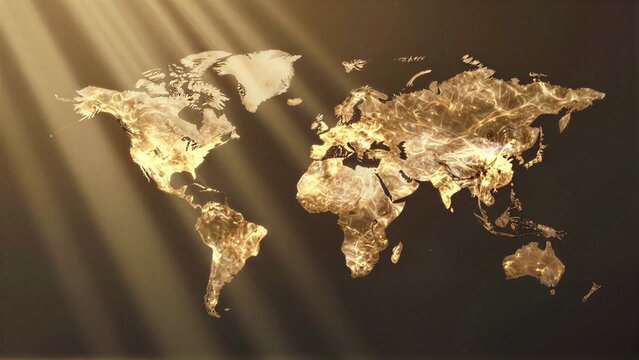 Golden world map glows under radiant light beams against a dark background.