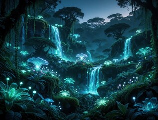 Fototapeta premium Mystical fantasy landscape with glowing plants, waterfalls. Enchanted forest features neon flora, magical mushrooms, luminous flowers under night sky. Surreal jungle scenery with cascading water,