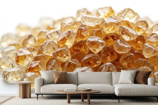 Modern living room with mid-century interior design. Huge macro wall mural shows pile of golden amber resin crystals. Large white sofa, wooden coffee table stand in front of giant glowing gemstone