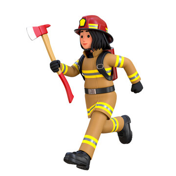 3D Female Firefighter Character Render running with axe