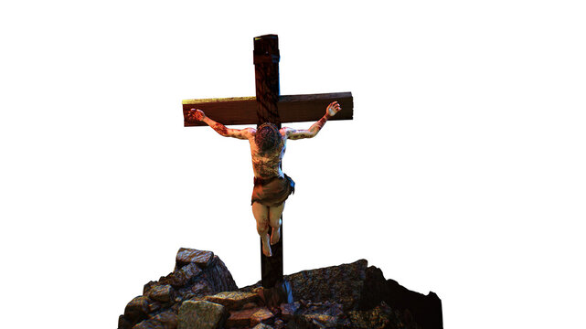 Jesus Christ Crucified on Cross at Golgotha Isolated on White Background 3d render 
