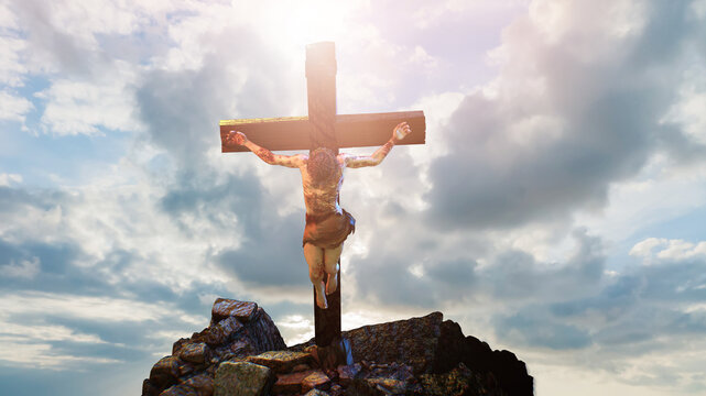 Jesus Christ Crucified on Cross at Golgotha Against Dramatic Cloudy Sky 3D Render