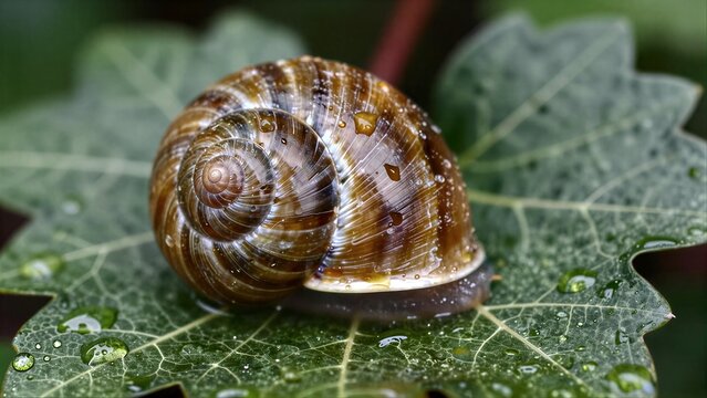 A snail with a brown spiral shell rests on a dewy green leaf.