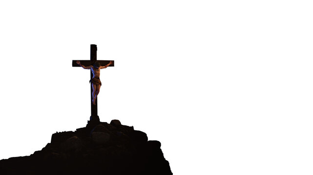 Jesus Christ Crucified on Cross at Golgotha Isolated on White Background 3d render 