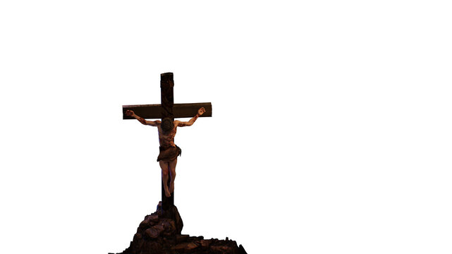 Jesus Christ Crucified on Cross at Golgotha Isolated on White Background 3d render 