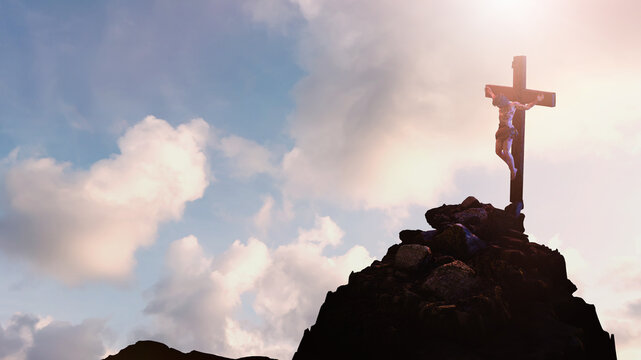 Jesus Christ Crucified on Cross at Golgotha Against Dramatic Cloudy Sky 3D Render