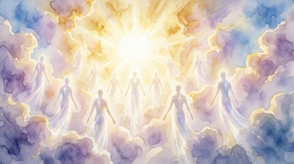 Fototapeta premium Ethereal glowing souls ascend toward bright heavenly light in watercolor sky. Translucent human spirits float upward through soft clouds toward divine sun. Spiritual afterlife journey shows souls