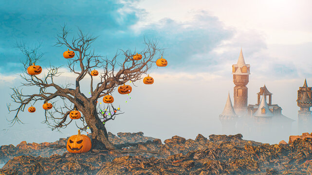 Halloween Landscape with Dead Tree Hung with Jack-o-Lanterns and Gothic Castle in Foggy Blue Sky  3d render illustration