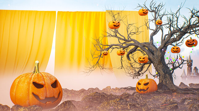 3D Halloween Scene with Large Jack-o-Lantern, Dead Tree Hung with Pumpkins and Yellow Curtains in Fog 