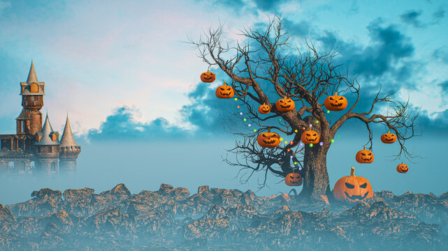 Halloween Landscape with Dead Tree Hung with Jack-o-Lanterns and Gothic Castle in Foggy Blue Sky  3d render illustration