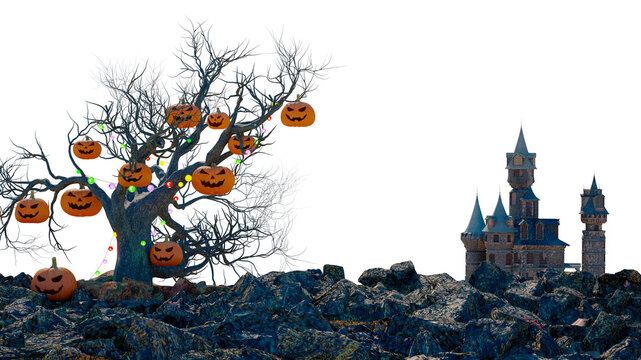 3D Halloween Scene with Spooky Tree Hung with Jack-o-Lanterns and Gothic Castle on White Background 3d render illustration