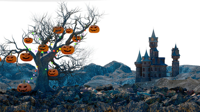 3D Halloween Scene with Spooky Tree Hung with Jack-o-Lanterns and Gothic Castle on White Background 3d render illustration