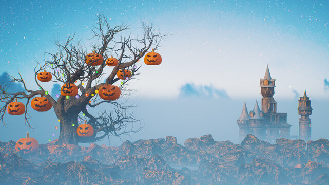 Halloween Landscape with Dead Tree Hung with Jack-o-Lanterns and Gothic Castle in Foggy Blue Sky  3d render illustration