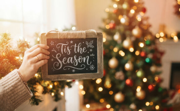 Woman holding chalkboard with Tis the Season text in front of decorated Christmas tree interior