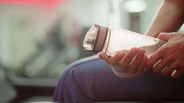 Hands holding water bottle emphasizing hydration during fitness activities. Soft light highlights clear plastic container and grip strap against blurred background with exercise equipment