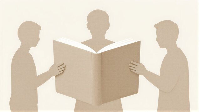 Three figures share a large open book, symbolizing collaborative learning or knowledge exchange.