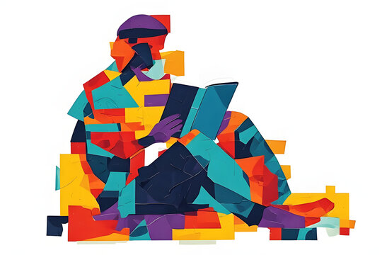 Geometric cubist illustration of a person sitting and reading a book in modern abstract colorful art style