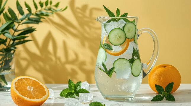 Fresh hydration scene with water cucumber, citrus, and mint