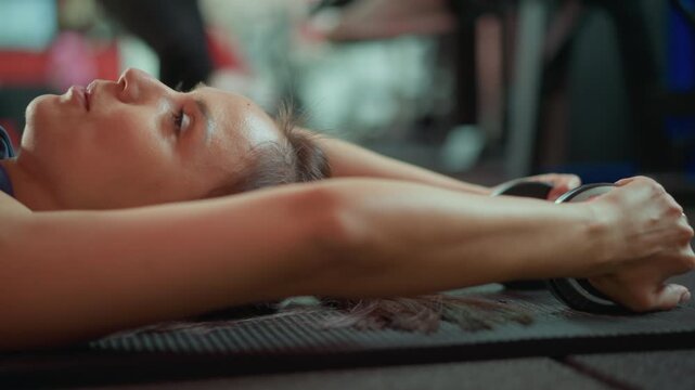 Woman lies on fitness mat performing ab roller exercises indoors. Sweat visible as woman engages core muscles gym surroundings and exercise props support workout context