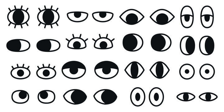 Big collection of doodle style character eye shapes with various emotions and expressions on plain light background for mascot creation and animation assets