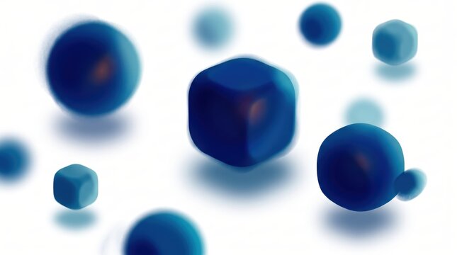 Abstract composition of floating blue cubes and spheres with soft focus and depth of field on white background, minimalist geometric design suitable for technology presentations