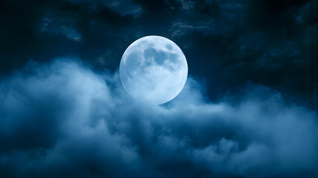 moonlight casting a glow on a cloudy, foggy night sky with a deep blue mist, creating a moonlit ambiance, Halloween scene, dimmed atmosphere, gothic charm, eerie mood
