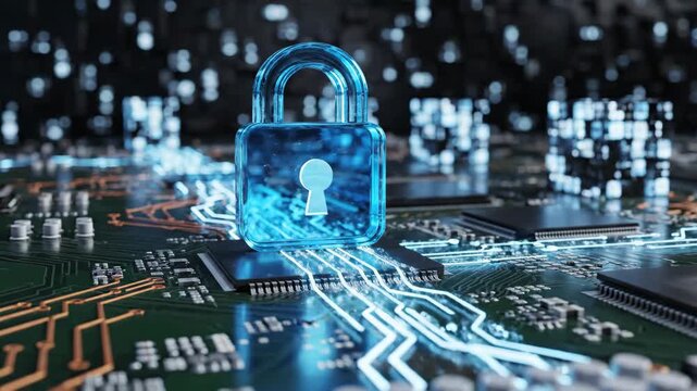 Digital Security Scene With Blue Padlock And Data Circuitry.