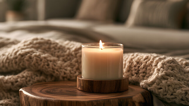 Pet Wellness Aromatherapy Candle Glowing Softly Beside A Pet Bed