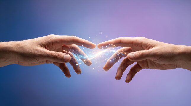 Two hands reaching out touching with magical glowing energy sparkles between fingers, creative connection concept, digital interaction, abstract background, technological