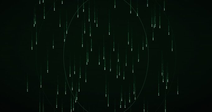 Hexadecimal code symbols cascade down in a slow, green matrix rain animation, creating a futuristic tunnel effect.
