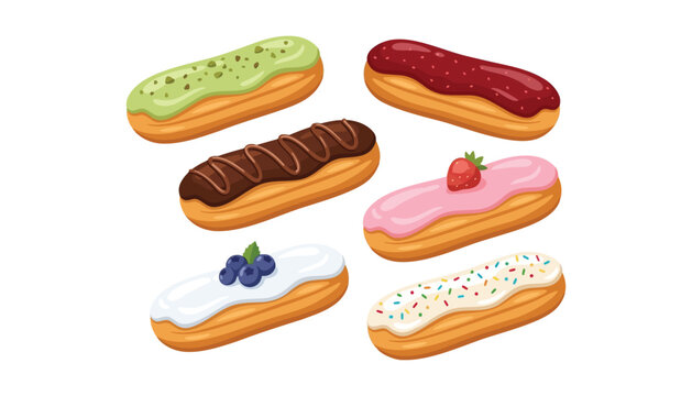 Vector illustration set of delicious French eclair pastries with colorful glazes and assorted sweet toppings