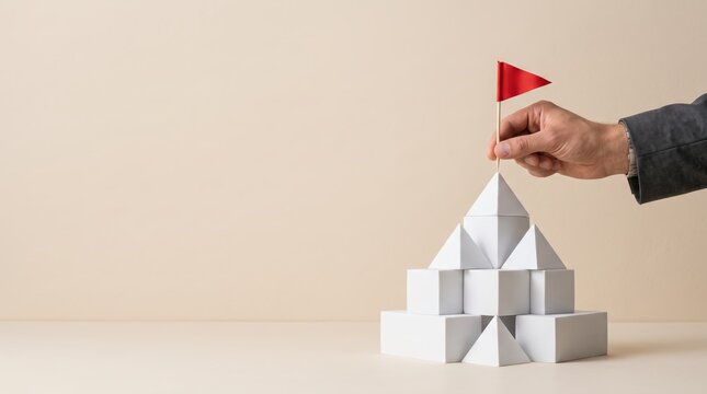 Hand placing a red flag on top of a white pyramid structure made of blocks, symbolizing achievement, reaching the summit, business success, goal completion and strategic planning