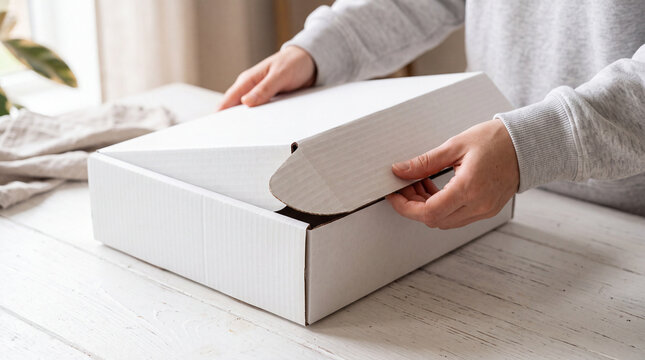 Mockup Hands closing a white cardboard box on a wooden table, mockup for packaging and delivery