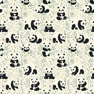 Cute Panda Bear Seamless Pattern with Bamboo, Baby Animal Illustration