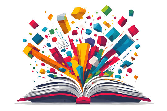Creative open book illustration with colorful geometric shapes bursting from pages representing imagination, education and knowledge explosion