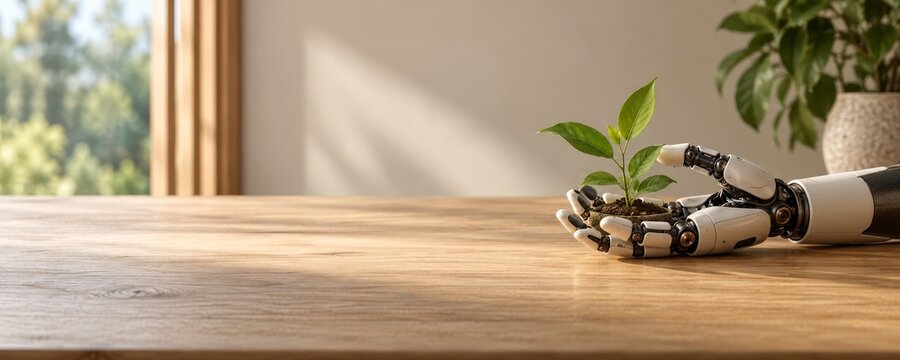 Robotic hand holding small green plant on wooden table for sustainability concept in technology and environmental protection innovation