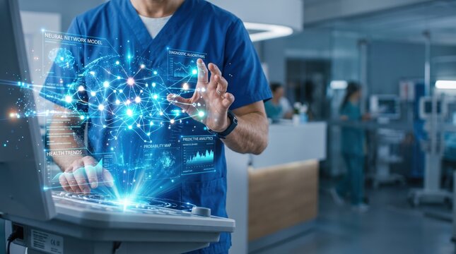 Medical professional interacting with futuristic holographic neural network interface, advanced artificial intelligence healthcare technology, predictive analytics visualization,