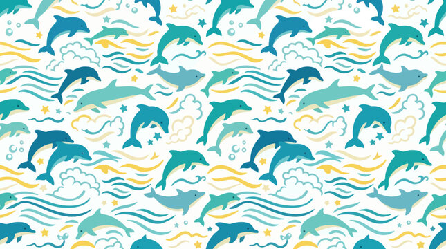 Seamless Dolphin Pattern: Playful Marine Animals & Ocean Waves - Cute Vector Art