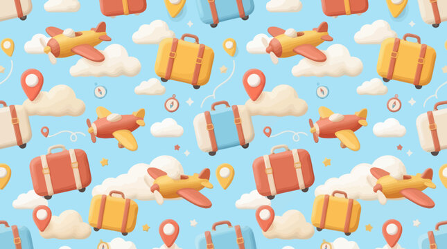 Seamless Pattern: 3D Cartoon Airplanes, Suitcases, Clouds, and Location Pins on Blue Sky